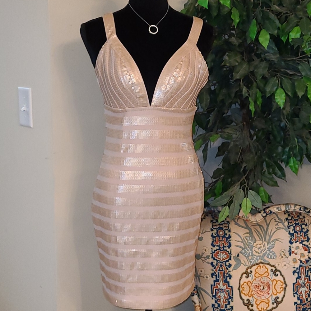 bebe Beige Sequin Mini Dress
